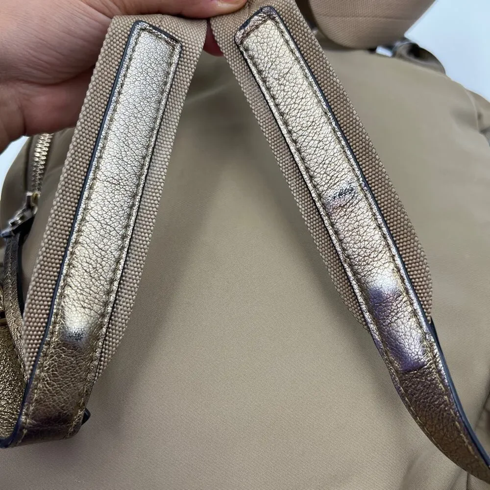 MZ Wallace Marlena Bedford Nylon Drawstring Backpack Tan Metallic Leather Trim